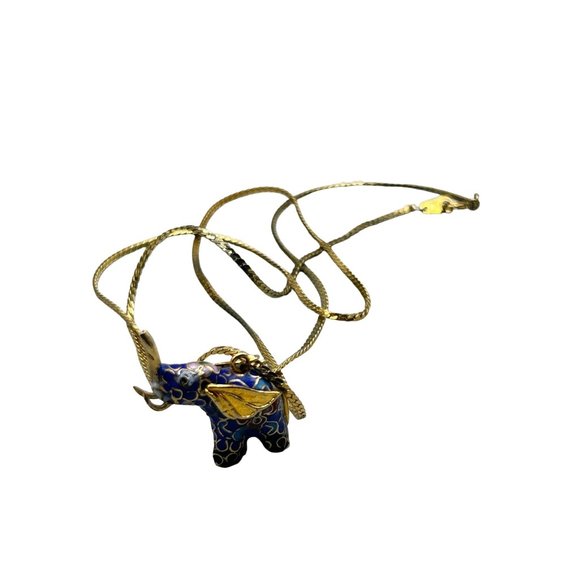 Vintage Cloisonne Elephant Necklace Dimensional Blue Enamel and Gold Tone Chain - Picture 1 of 8